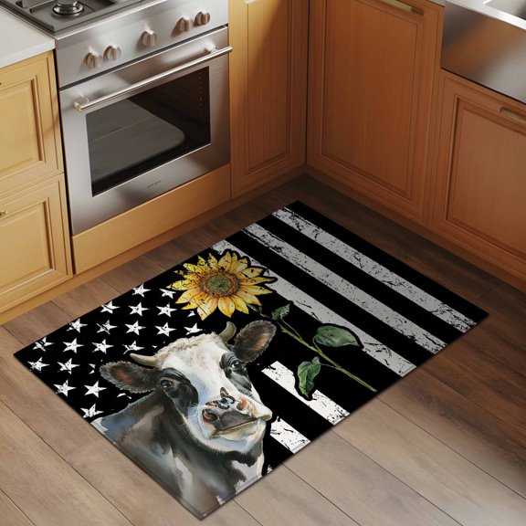 U.S. Flag 2x3 Rug for Entryway Front Door Kitchen Sink Area, Farm Sunflower Made Old Black Striped Country Style Low Pile Washable Non Slip Rectangle Area Rug