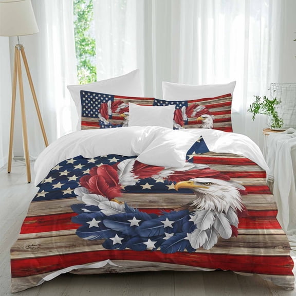 U.S. Flag Eagle Feather Full Size Comforter Set, Independence Day Red Wood Striped Vintage Bedding for All Seasons, 4 Pcs Bed Set, 1Quiltcover (86"x86") ,1Sheet(80"x116"), 2Pillowcases (30"x20")