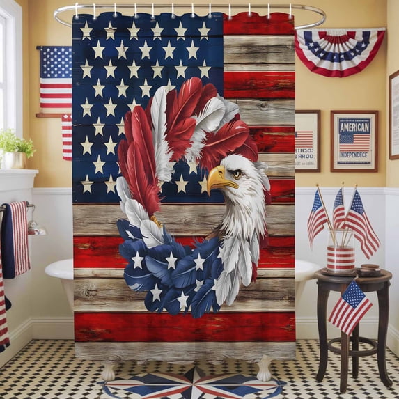 U.S. Flag Eagle Feather Shower Curtain, 48" x 72", Independence Day Red Wood Striped Vintage Waterproof Bathroom Curtain Washable Shower Curtain Set with 12 Hooks