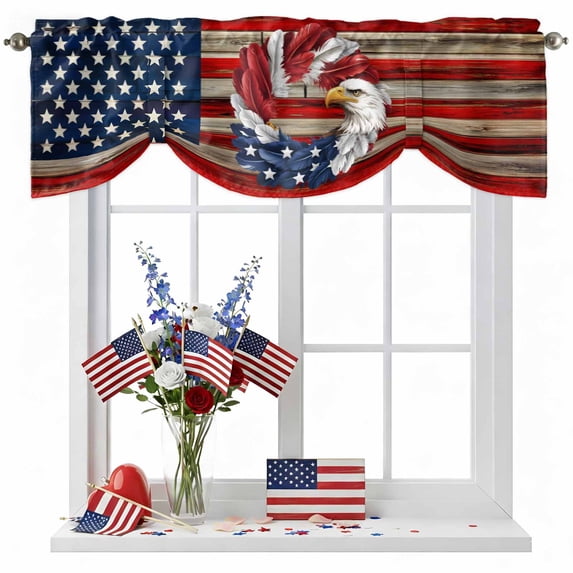 U.S. Flag Eagle Feather Tie Up Valances Curtain, Adjustable Kitchen Independence Day Red Wood Striped Vintage Valances for Windows Decor, Rod Pocket Short Curtains Set for Bedroom/Bathroom, 60"x18"