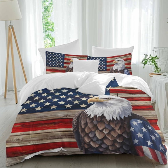 U.S. Flag Full Size Comforter Set, Eagle Independence Day Red Wood Striped Vintage Bedding for All Seasons, 4 Pcs Bed Set, 1Quiltcover (86"x86") ,1Sheet(80"x116"), 2Pillowcases (30"x20")