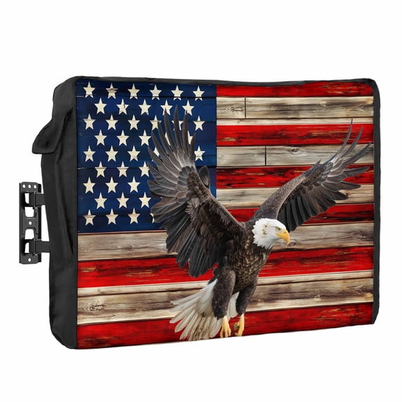 U.S. Flag Outdoor TV Cover 30 to 32 inch Weatherproof Waterproof, Eagle Independence Day Red Wood Stripes Vintage TV Enclosures with Remote Control Pocket Flat Screen Protector for Outside