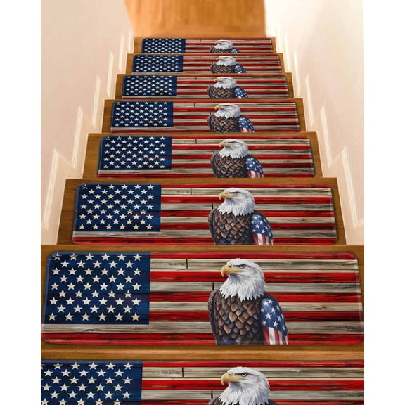 U.S. Flag Stair Treads Non Slip for Steps Eagle Independence Day Red Wood Striped Vintage 7 Pcs Reusable Adhesive Stair Runner Mats for Dogs Elders Carpet Treads Rugs for Staircase 8x30 In