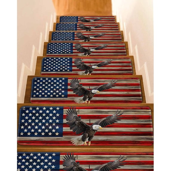 U.S. Flag Stair Treads Non Slip for Steps Eagle Independence Day Red Wood Stripes Vintage 15 Pcs Reusable Adhesive Stair Runner Mats for Dogs Elders Carpet Treads Rugs for Staircase 8x30 In