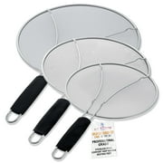 U.S. Kitchen Supply 13, 11.5, 9.5 Stainless Steel Fine Mesh Splatter Screen with Resting Feet Set, Black Comfort Grip Handles - Use on Boiling Pots, Frying Pans - Grease Oil Guard, Safe Cooking Lid