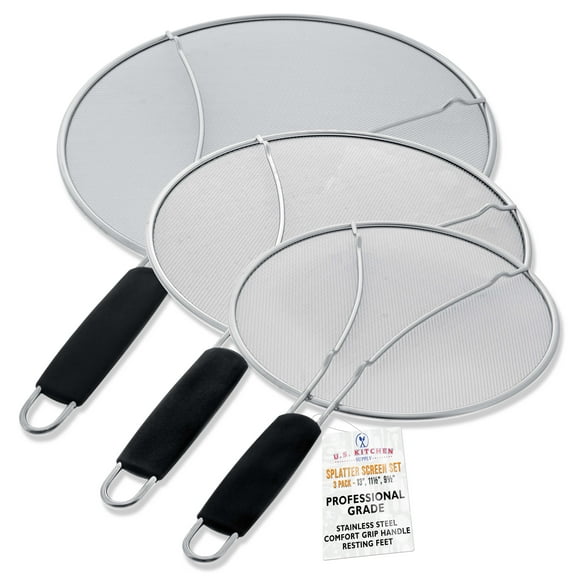 U.S. Kitchen Supply 13", 11.5", 9.5" Stainless Steel Fine Mesh Splatter Screen with Resting Feet Set, Black Comfort Grip Handles - Use on Boiling Pots, Frying Pans - Grease Oil Guard, Safe Cooking Lid