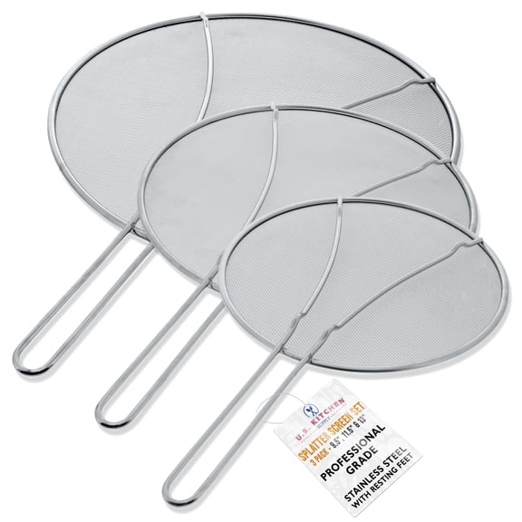 U.S. Kitchen Supply 13", 11.5", 9.5" Stainless Steel Fine Mesh Splatter Screen with Resting Feet Set - Use on Boiling Pots, Frying Pans - Grease and Oil Guard, Safe Cooking Lid - Keep Stove Top Clean