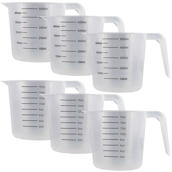 U.S. Kitchen Supply - 16 oz (500 ml) Plastic Graduated Measuring Cups with Pitcher Handles (Pack of 6) - 2 Cup Capacity, Ounce and ML Cup Markings - Measure & Mix Recipe Ingredients, Flour, Water, Oil