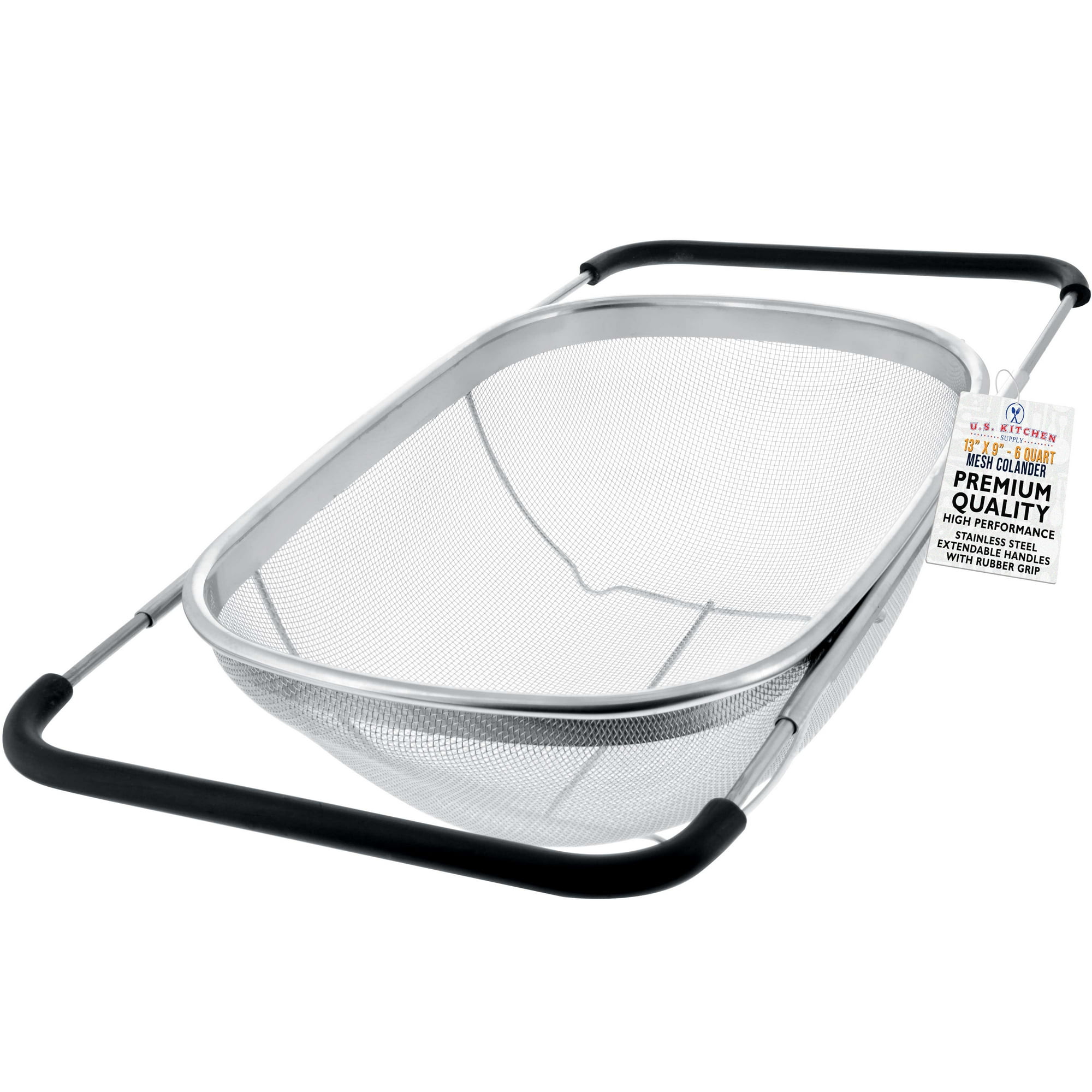 U.S. Kitchen Supply Over the Sink Deep Well Oval Stainless Steel Colander Fine Mesh w/ Extendable Handle