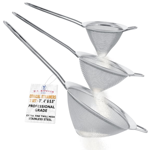 U.S. Kitchen Supply - Set of 3 Conical Fine Twill Mesh Stainless Steel Strainers - Quality, 3", 4" and 5" Sizes