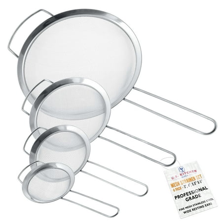 U.S. Kitchen Supply Set of 4 Fine Mesh Stainless Steel Strainers with Wide Ear Design, 3", 4", 5.5", 8"