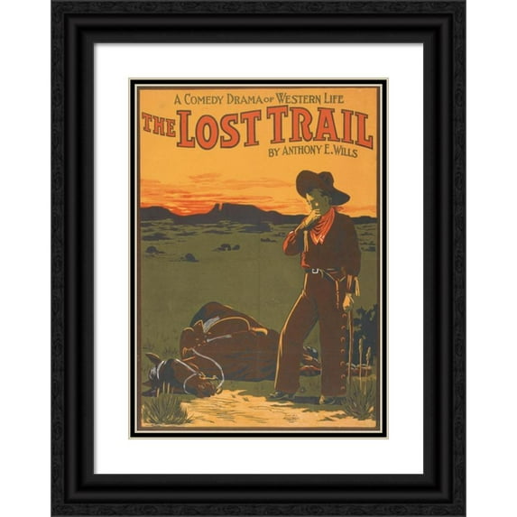 U.S. Lithograph Co. 14x18 Black Ornate Wood Framed Double Matted Museum Art Print Titled - A Comedy Drama of Western Life, the Lost Trail by Anthony E. Wills. (1907)