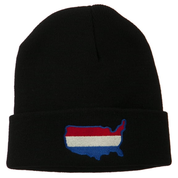 U.S. Map Embroidered Long Knit Beanie - Black OSFM