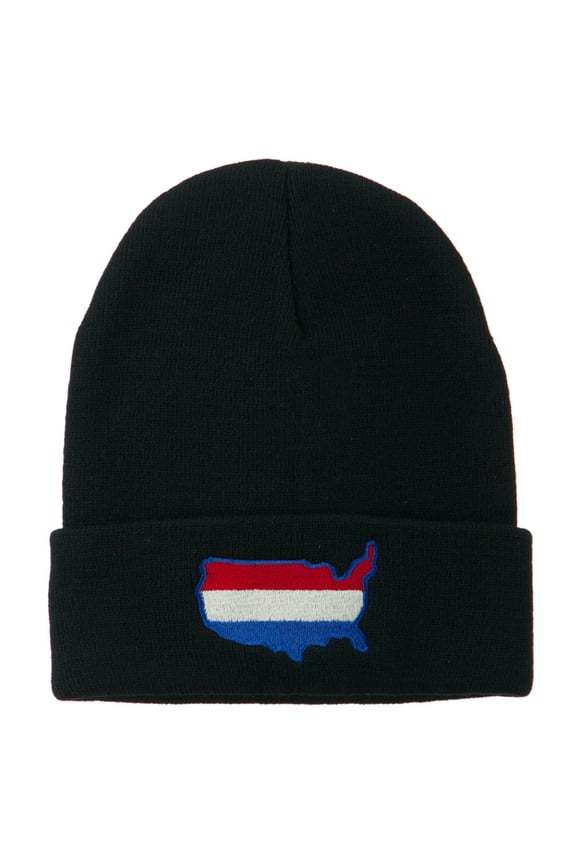 U.S. Map Embroidered Long Knit Beanie - Navy OSFM