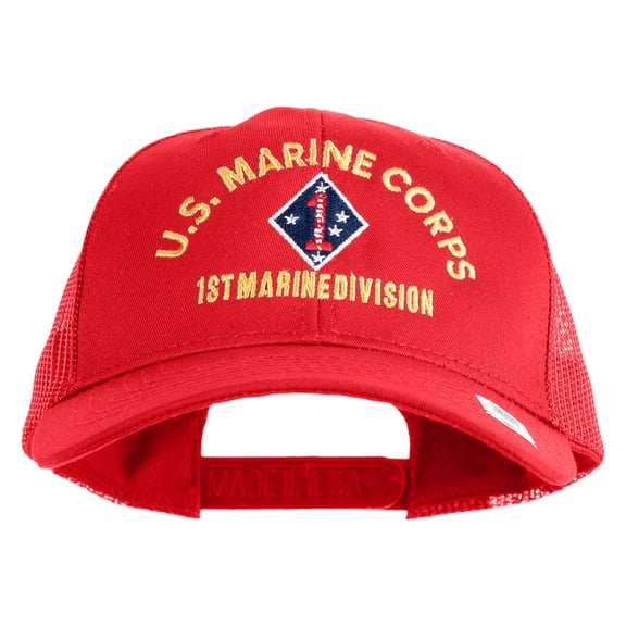 U.S. Marine Corps 1st Marine Division Embroidered 6 Panel Structured Cotton Twill Mesh Cap Made in USA - Red OSFM