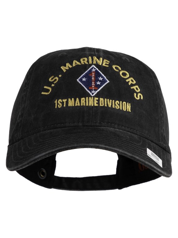U.S. Marine Corps 1st Marine Division Embroidered Washed Solid Pigment Dyed Cotton Twill Brass Buckle Cap - Black OSFM