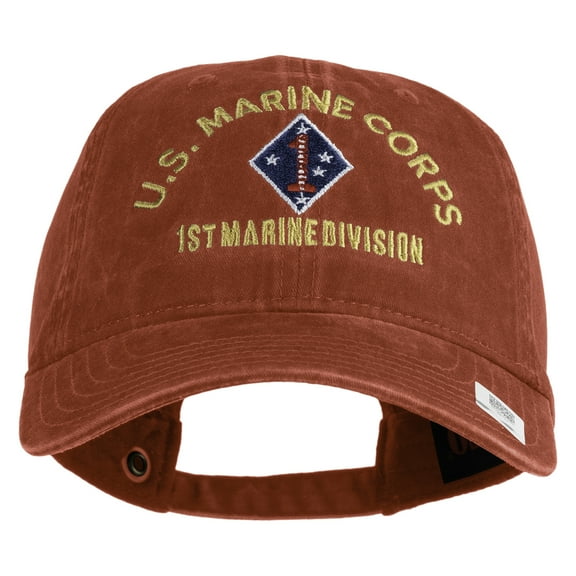 U.S. Marine Corps 1st Marine Division Embroidered Washed Solid Pigment Dyed Cotton Twill Brass Buckle Cap - Red OSFM
