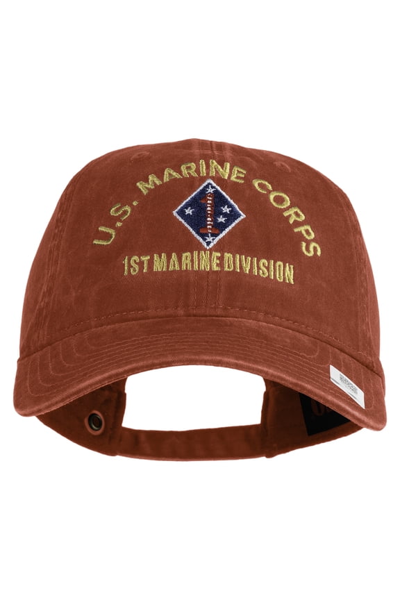 U.S. Marine Corps 1st Marine Division Embroidered Washed Solid Pigment Dyed Cotton Twill Brass Buckle Cap - Red OSFM
