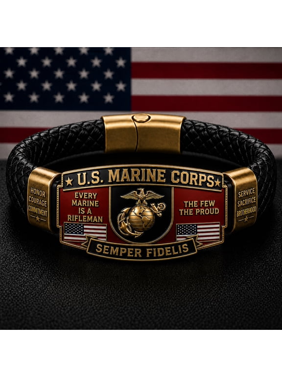 U.S. Marine Corps Bracelet for Men,Black Braided Leather Bracelet with Emblem,Veteran Patriotic Gift