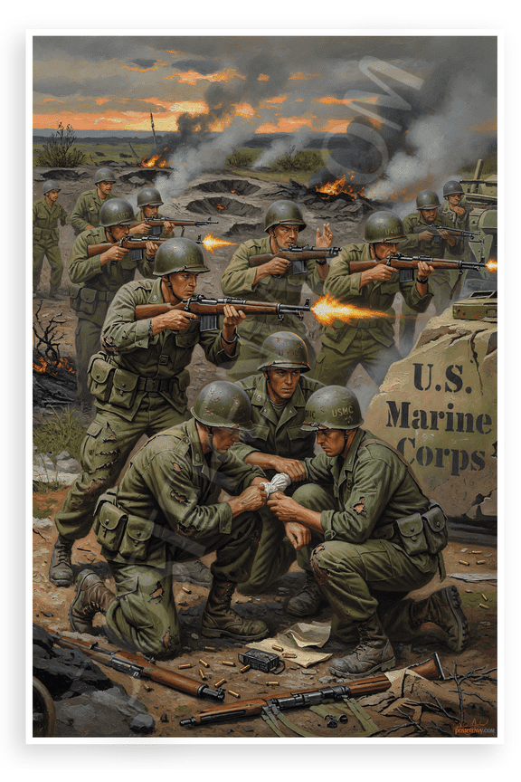 U.S. Marine Corps Iwo Jima Style Battle Scene Vintage Oil Painting 12x18 US Made Poster