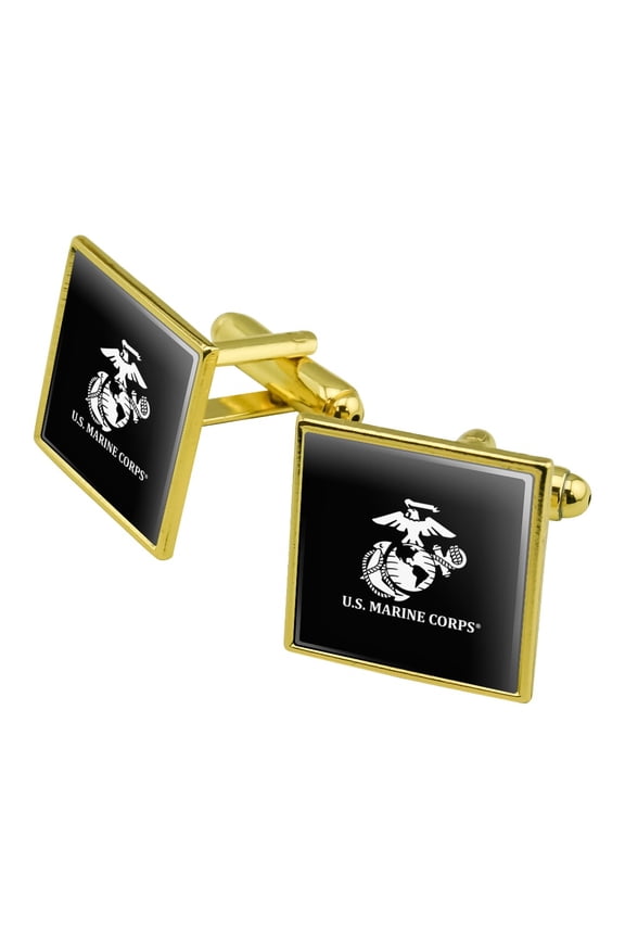 U.S. Marine Corps USMC White Logo on Black Officially Licensed Square Cufflink Set - Silver or Gold