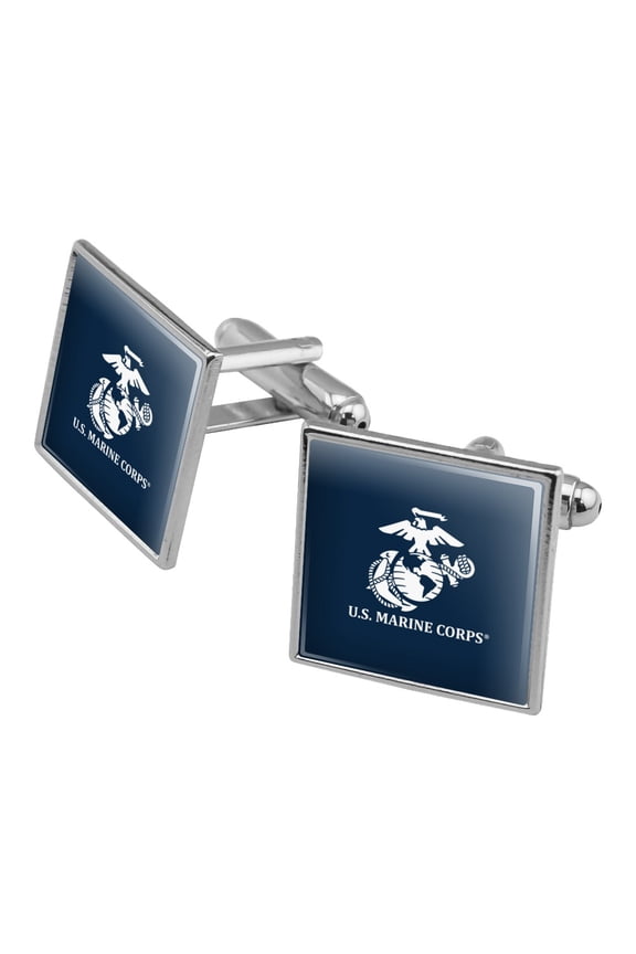 U.S. Marine Corps USMC White Logo on Blue Officially Licensed Square Cufflink Set - Silver or Gold