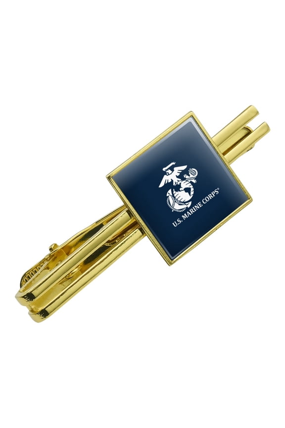 U.S. Marine Corps USMC White Logo on Blue Officially Licensed Square Tie Bar Clip Clasp Tack- Silver or Gold
