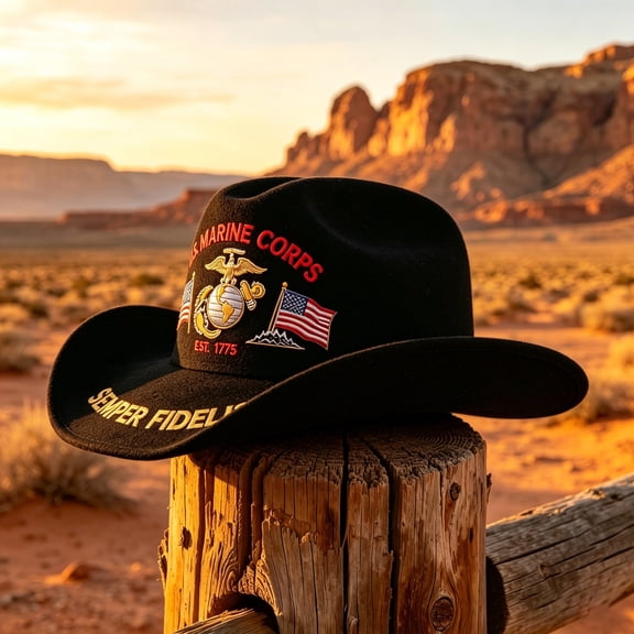 U.S. Marine Corps Veteran Western Cowboy Hat,Semper Fidelis EST.1775 Eagle Globe Anchor Embroidered Wide Brim Cowboy Hat with American Flag Patches,Patriotic Veteran Gift for Men