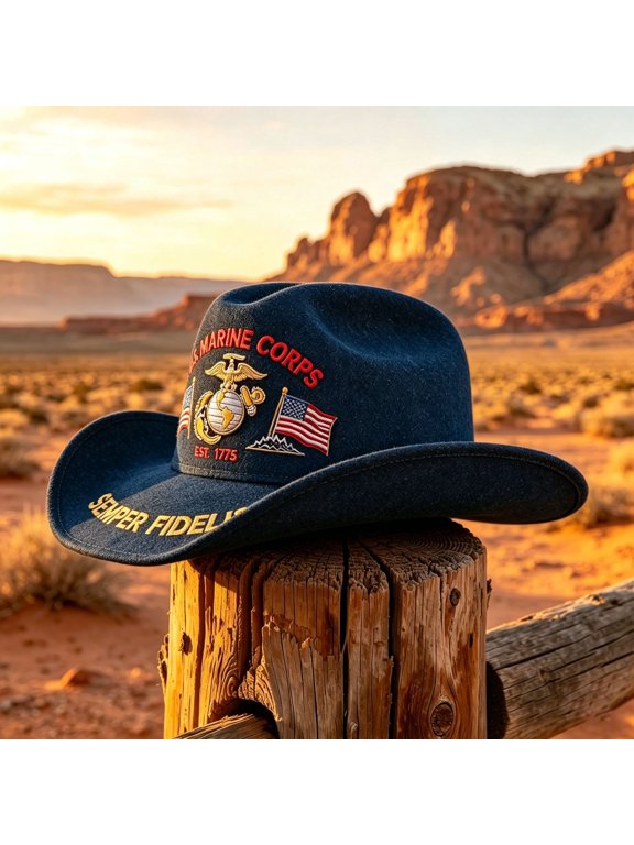 U.S. Marine Corps Veteran Western Cowboy Hat,Semper Fidelis EST.1775 Eagle Globe Anchor Embroidered Wide Brim Cowboy Hat with American Flag Patches,Patriotic Veteran Gift for Men