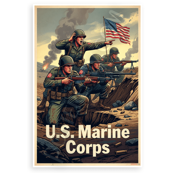 U.S. Marine Corps Vintage Combat Marines Patriotic 12x18 US Made Poster