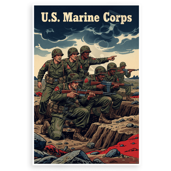 U.S. Marine Corps Vintage Combat Marines Woodblock Print 12x18 US Made Poster