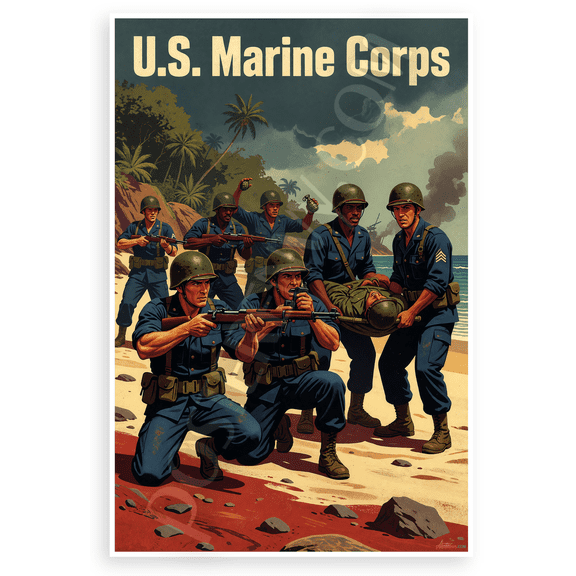 U.S. Marine Corps Vintage Combat Scene Patriotic 12x18 US Made Poster
