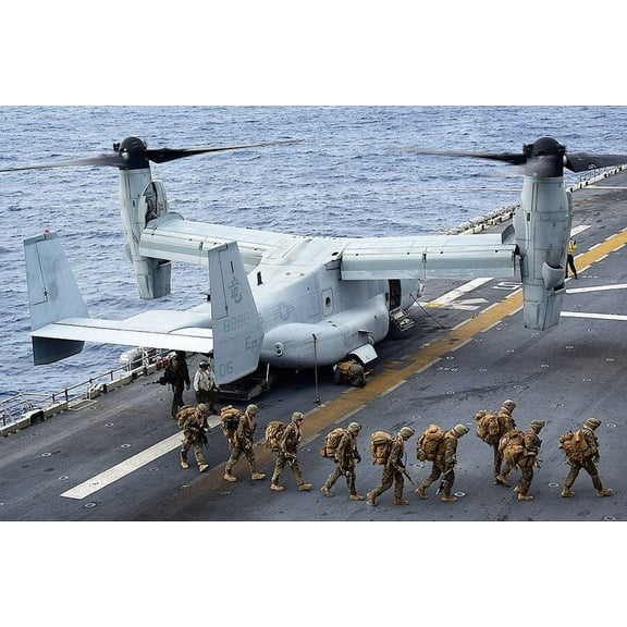 U.S. Marines Exit MV-22 Osprey Helicopter Style -1 - 12x18 Inch Laminated Aviation Poster - Stunning Detail and Bold Colors