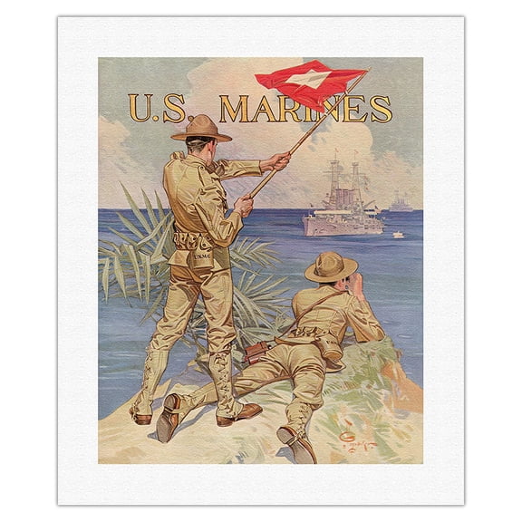 U.S. Marines - Soldiers of the Sea - Vintage War Poster by Bruce Moore c.1918 - Fine Art Rolled Canvas Print 16in x 20in