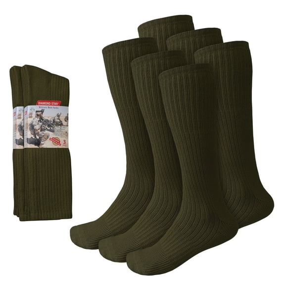 Diamond Star Men's Military Boot Socks – Quick-Dry Cotton Crew for Police, Fire, and Trekking/Hiking (Green - 6 Pairs, Socks Size 10-13, Fit Men's Shoe Size 10-12)