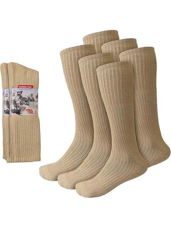 Men's Military Boot Socks – Quick-Dry Cotton Crew for Police, Fire, and Trekking/Hiking (Beige - 6 Pairs, Socks Size 10-13, Fit Men's Shoe Size 10-12)