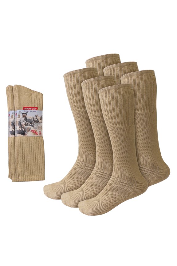 Men's Military Boot Socks – Quick-Dry Cotton Crew for Police, Fire, and Trekking/Hiking (Beige - 6 Pairs, Socks Size 10-13, Fit Men's Shoe Size 10-12)