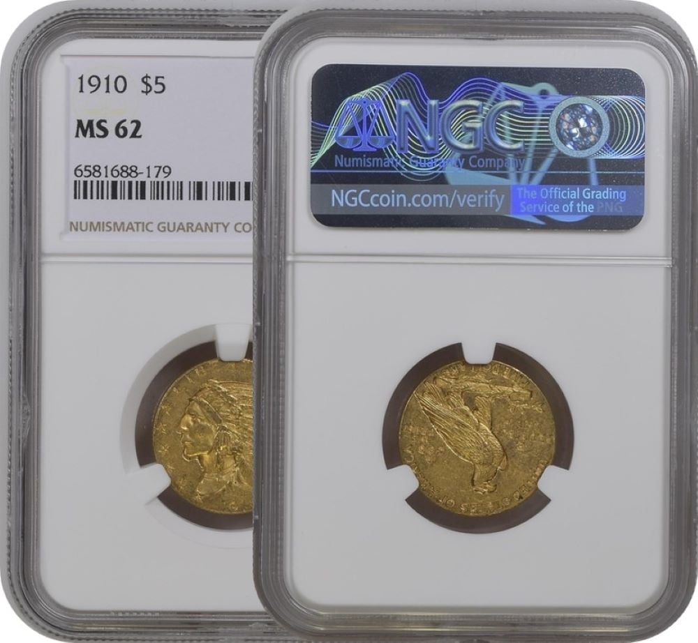 U.S. MINT 1910 Indian Gold Half Eagle MS-62 NGC Bullion Coin, 8.36 g