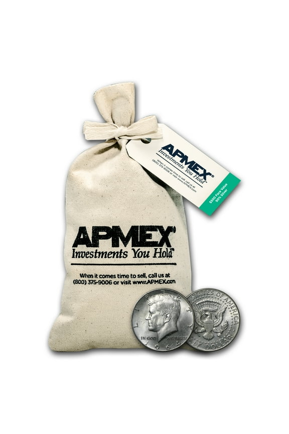 1964 Kennedy Half-Dollars, $500 Face Value Bag, 357.5 oz 90% Silver, .900 Karats