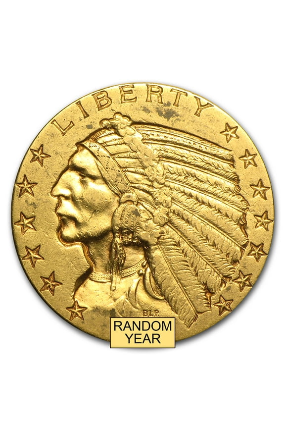 $5 Indian Gold Half Eagle Coin, .2419 oz Gold, Random Year