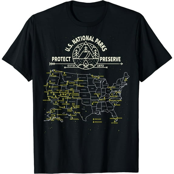 U.S. National Park Camping - All 63 US National Parks Map T-Shirt Black Small