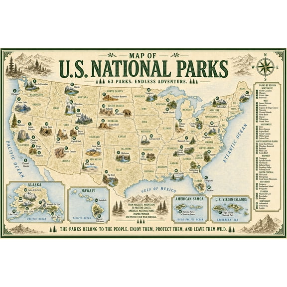 U.S. National Parks Map Poster - Complete Guide to 63 Parks | Travel Wall Art 【Poster Paper】