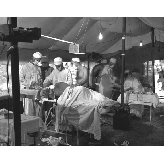 U.S. Navy Doctors And Corpsmen Operate On Two Wounded Marines On Cape Gloucester. The Tented Operating Room Was Set Up In A Mobile Army Surgical Hospital (Mash). Dec. 26 History (24 x 18)
