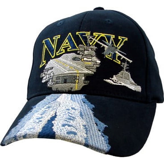 US Navy With Aircraft Carrier Embroidered Dark Navy Military Ball Cap