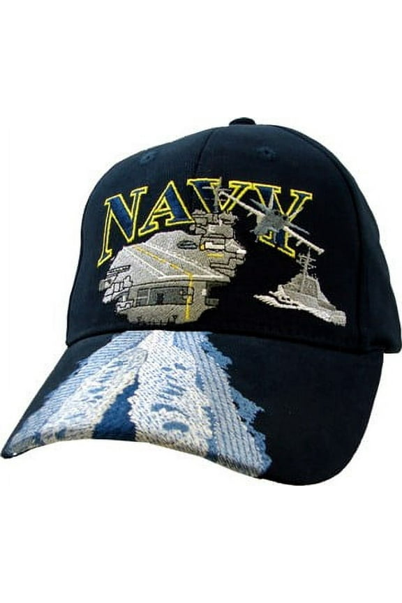US Navy With Aircraft Carrier Embroidered Dark Navy Military Ball Cap