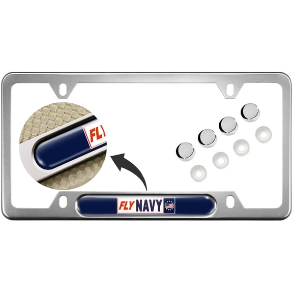BestLicensePlateFrames U.S. Navy Narrow Top License Plate Frame with Fly Navy Naval Aviation Insert and Caps, Silver Aluminum