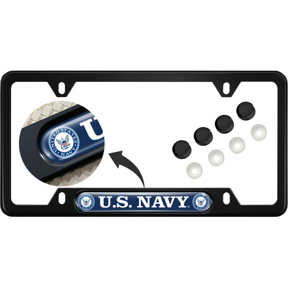 [U.S. Navy Officially Licensed Product] - USA Patriotic Anodized Aluminum Thin Top | Narrow Top Car License Plate Frame with United States Navy Insert with Free caps - Black