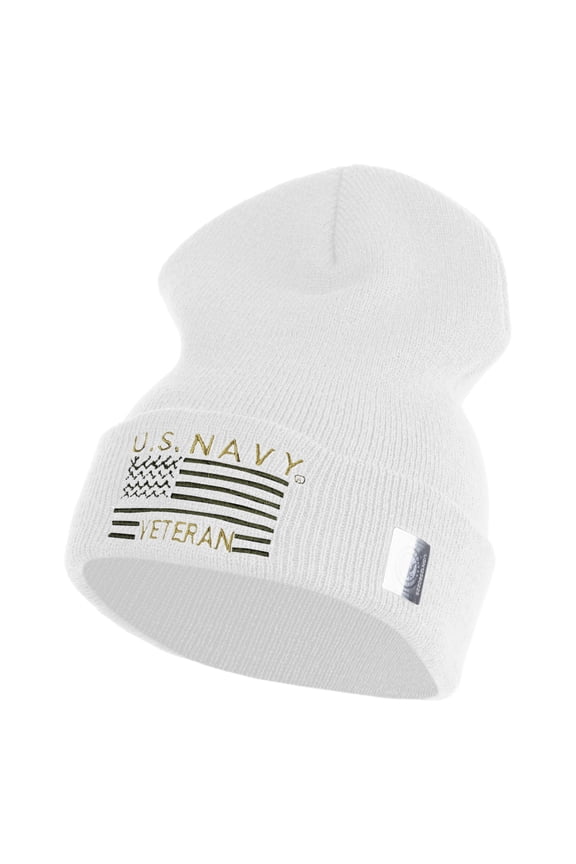 U.S. Navy Veteran Embroidered 12 inch Cuffed Knit YP Long Beanie - White OSFM