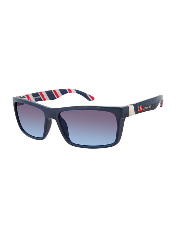 Men's Rectangular Sunglasses with Barber Patterned Arms & Iconic U.S. Flag Logo Temple, 55 mm