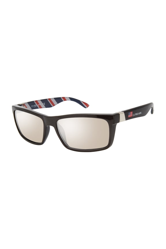 Men's Rectangular Sunglasses with Barber Patterned Arms & Iconic U.S. Flag Logo Temple, 55 mm